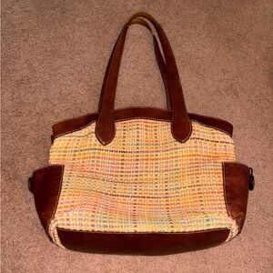 Fossil Woven Straw and Brown leather handbag